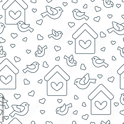 Seamless pattern with birds, birdhouses and hearts