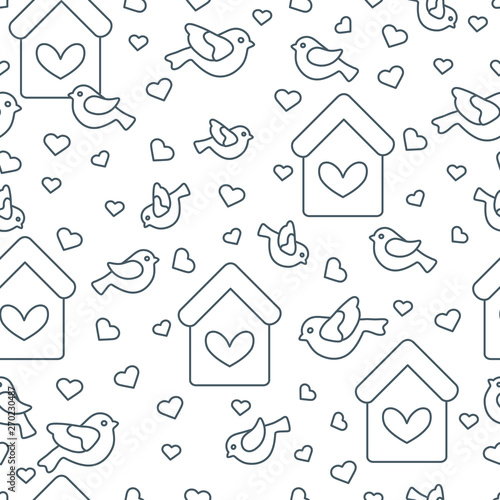 Seamless pattern with birds  birdhouses and hearts