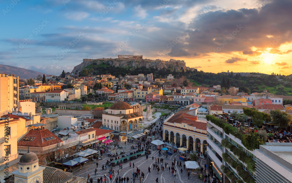 Sunset at Athens old town and Acropolis hill with Parthenon Temple in Athens, Greece 