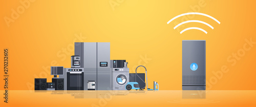 smart home assistant intelligence speaker controlling different home appliances devices network concept flat