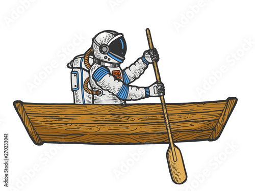 Astronaut spaceman rowing in wooden boat color sketch engraving vector illustration. Scratch board style imitation. Black and white hand drawn image.