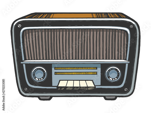 Old vintage radio receiver device color sketch engraving vector illustration. Scratch board style imitation. Black and white hand drawn image.