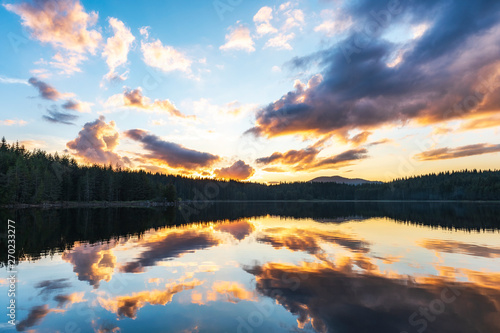 Colorful sunset over mountain lake