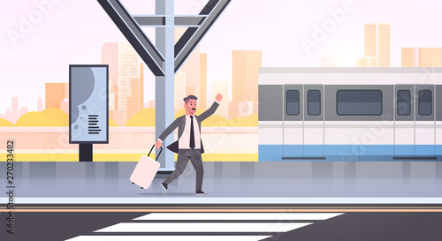 businessman running to catch train business man with luggage on railway station city public transport male cartoon character cityscape background full length horizontal