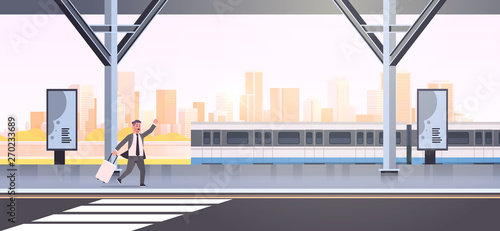 businessman running to catch train business man with luggage on railway station city public transport male cartoon character cityscape background full length horizontal