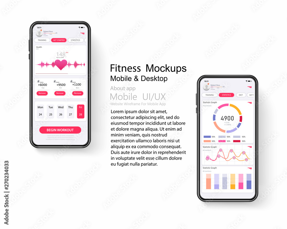 Mockup for mobile fitness app with menu reviews, charts, statistics ...