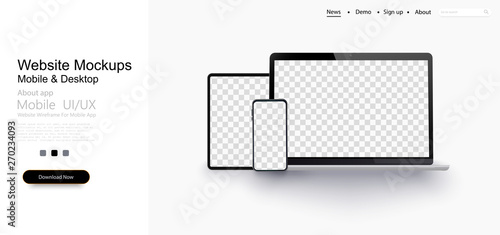 Realistic silver white laptop,smartphone, tablet with blank screen and shadow. Can use for project, presentation. Blank device mock up.