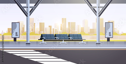 modern bus stop empty no people airport public transport station cityscape background flat horizontal