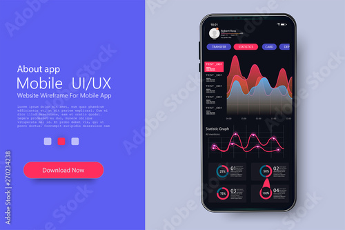 Crypto wallet mobile app UI, UX, Kit. Screens for blockchain, crypto apps. Modern infographic vector template with statistics graphs and finance charts. Vector 