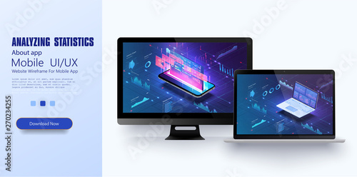 Online statistics and data Analytics.Digital money market, investment, finance and trading. Perfect for web design, banner and presentation. Isometric vector illustration.