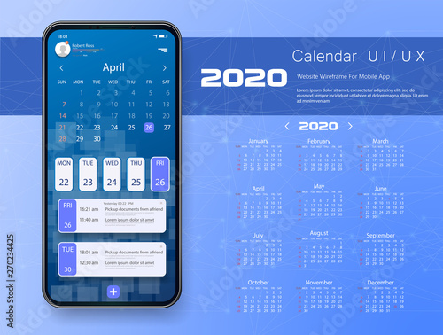 Calendar application template With To Do List and Tasks UI UX. Design For Mobile Phone. Calendar design for 2020.  Modern blue design app. Year planner calendar 2020 - vector.