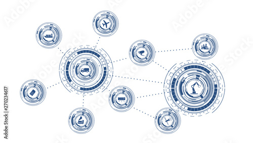The concept of connection and electronic devices. Internet of things devices and connectivity concepts on a network. Spider web of network connections with on a white  background. IOT icons industrial