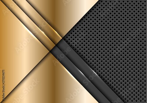 Abstract gold plate overlap on grey metallic circle mesh design modern futuristic background vector illustration.