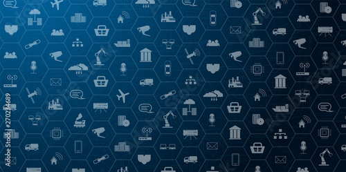 landing page IoT. Internet of things devices and connectivity concepts on a network. Spider web of network connections with on a futuristic blue background. IOT icons