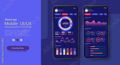 Mobile app infographic template with modern design. Set of different UI, UX, GUI screens and web icons for mobile apps and responsive website. Mobile applications with charts, statistic. Vector