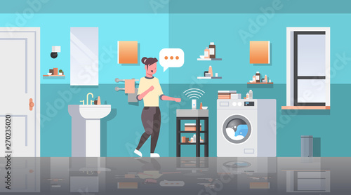 housewife using smart speaker voice recognition activated digital assistants automated command report concept modern bathroom interior flat horizontal full length
