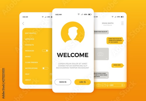 Mobile app user interface screen design. Mobile ui kit with welcome window, registration, home page, concept chat messenger and settings. Vector set of modern UI, UX, GUI screens and web icons photo