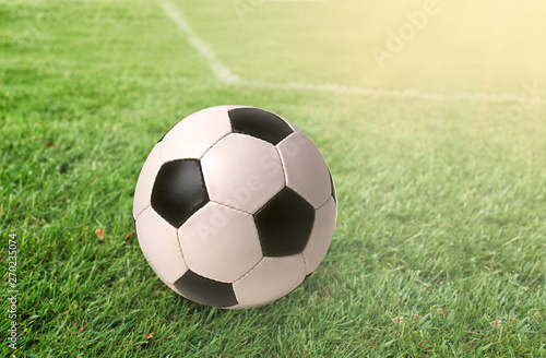 Football ball on green grass at sunny day © Shcherbyna