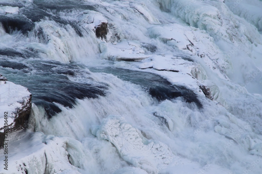 Gullfoss Waterfall, river in winter