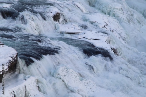 Gullfoss Waterfall, river in winter