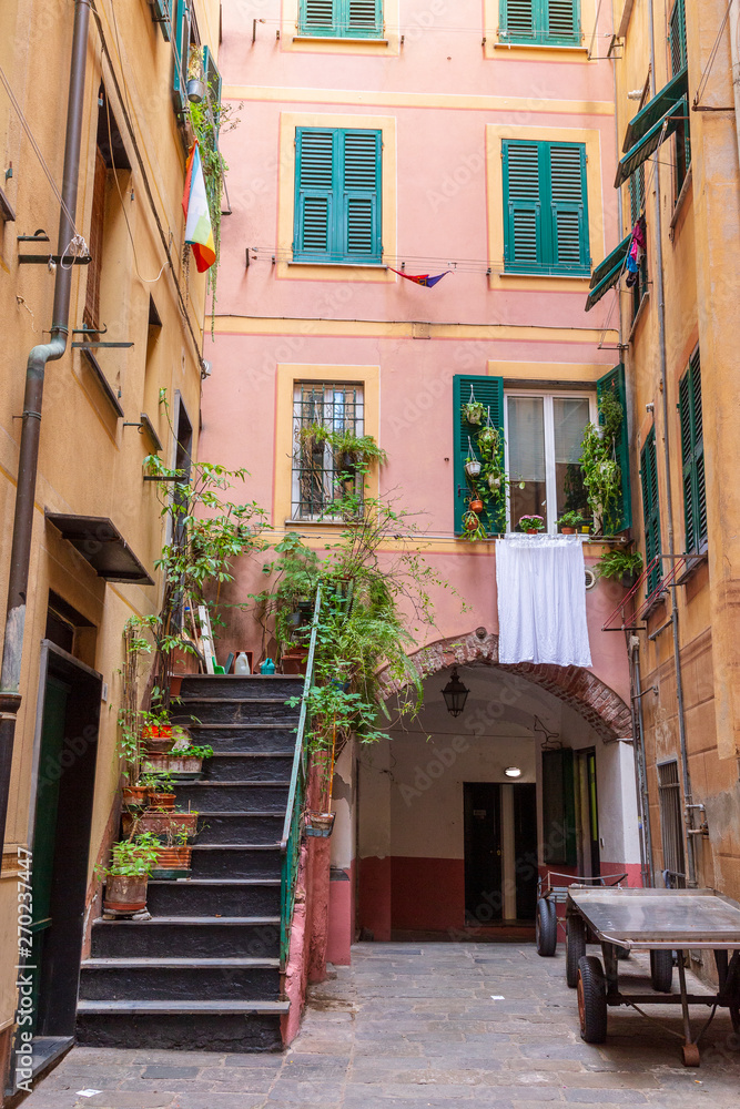 Camogli, Italy. 04-29-2019. Colored houses at Camogli. Liguria.