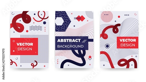 New memphis style poster set. Trendy geometric shapes and place for your text on modern white background. Design template for banner, web, promotion, ad, placard and billboard