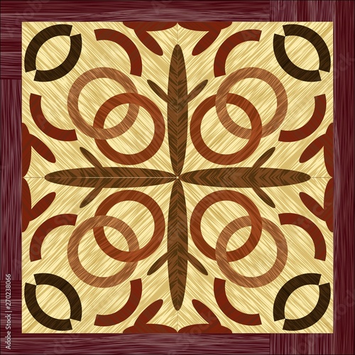 Wood art inlay tile, geometric ornament from dark and light wood in antiquarian style, vector EPS10