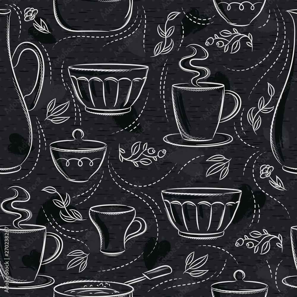 Seamless patterns with different tableware, flower, cup, pan on blackboard. Ideal for printing onto fabric and paper or scrap booking.