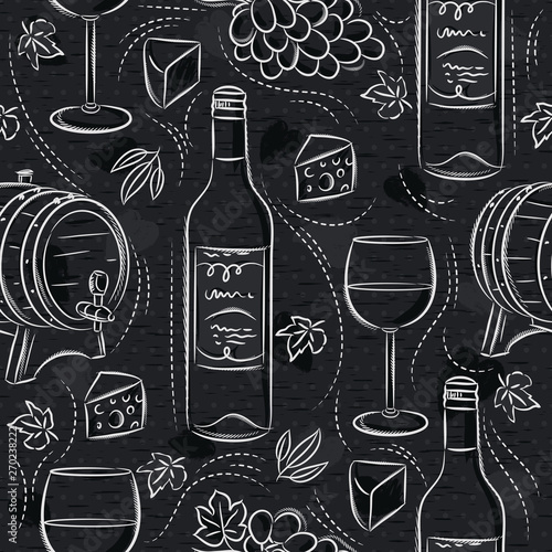 Seamless patterns with red wine set, cask, barrel, wineglass, grape and cheese on black chalkboard. Ideal for printing onto fabric and paper or scrap booking.