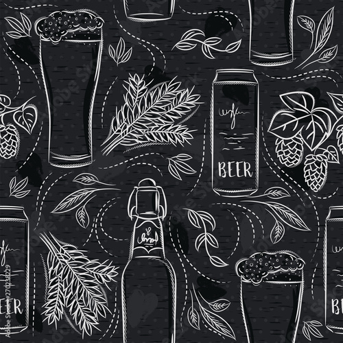 Seamless patterns with set of beer bottle, mug, barley and hop on black chalkboard. Ideal for printing onto fabric and paper or scrap booking.