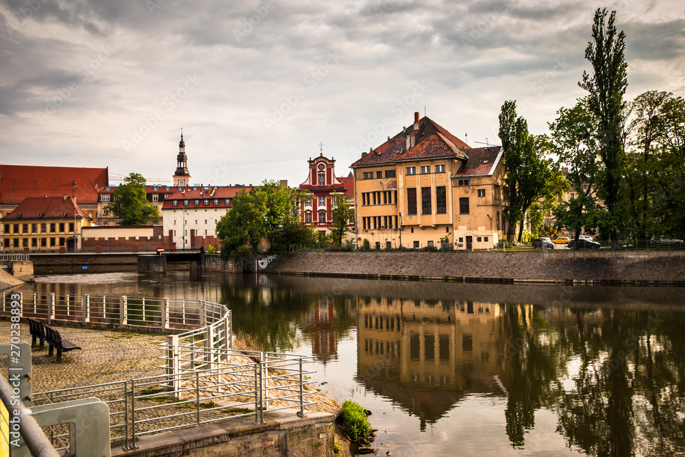 View of historic buildings in old town Wroclaw from Oder (Odra) river