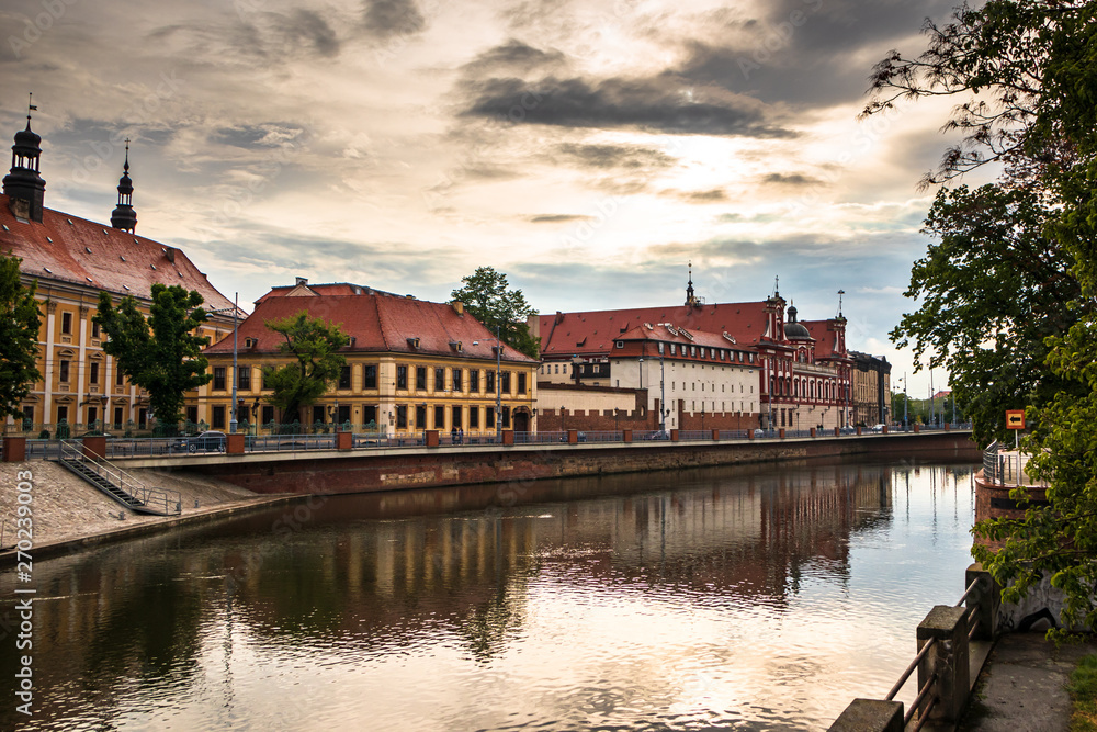 View of historic buildings in old town Wroclaw from Oder (Odra) river