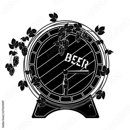 Barrel of beer entwined with hops. Vector. Black on white.