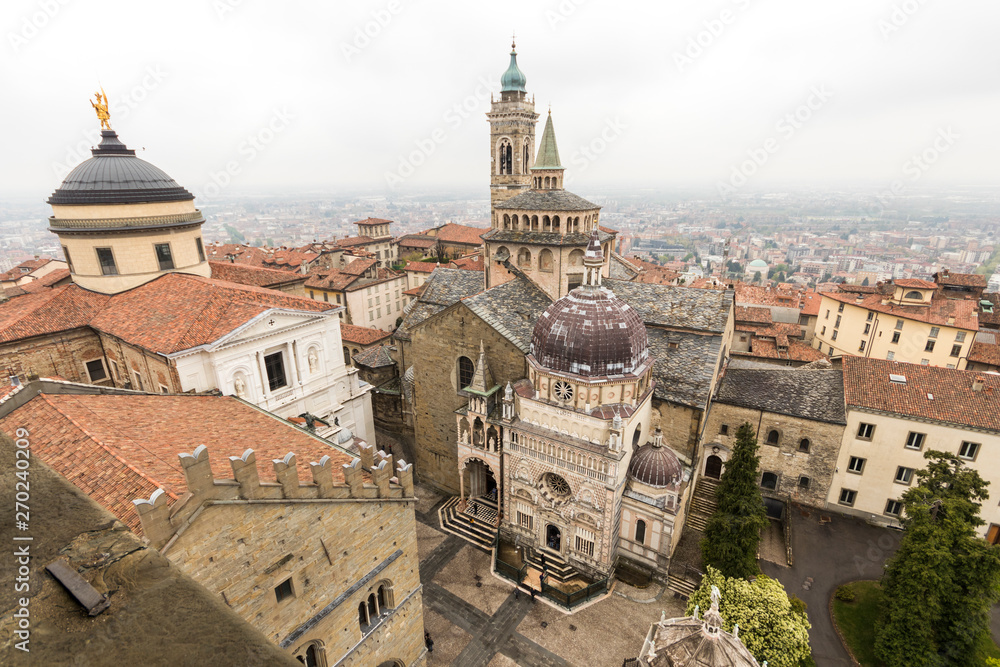Bergamo, Italy. Views of the Old City from the Campanone, with Santa Maria Maggiore, the Cappella Colleoni and the Cathedral of Saint Alexander