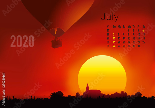 Calendrier 2020 prêt à imprimer en version américaine, composé d’une page pour chaque mois et d’une page de couverture. Ici le mois de juillet. Il illustre le calme et la liberté avec des paysages nat