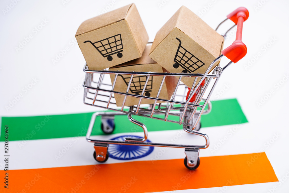 Box with shopping cart logo and India flag : Import Export Shopping online or eCommerce delivery service store product shipping, trade, supplier concept.