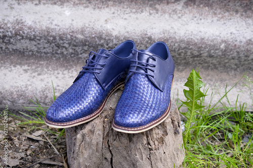 Men's fashion shoes blue, casual design on grass