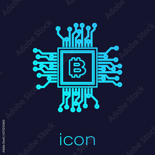 Turquoise CPU mining farm line icon isolated on blue background. Bitcoin sign inside processor. Cryptocurrency mining community. Digital money. Vector Illustration
