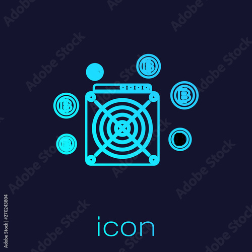 Turquoise ASIC Miner line icon isolated on blue background. Cryptocurrency mining equipment and hardware. Application specific integrated circuit. Vector Illustration