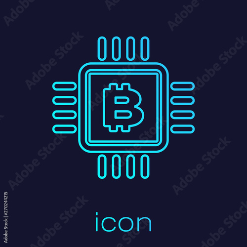 Turquoise CPU mining farm line icon isolated on blue background. Bitcoin sign inside microchip. Cryptocurrency mining community. Digital money. Vector Illustration