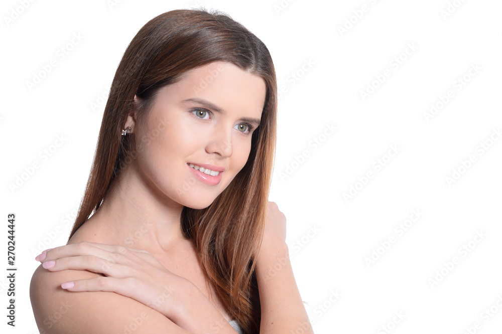 Close-up portrait of beautiful young woman isolated