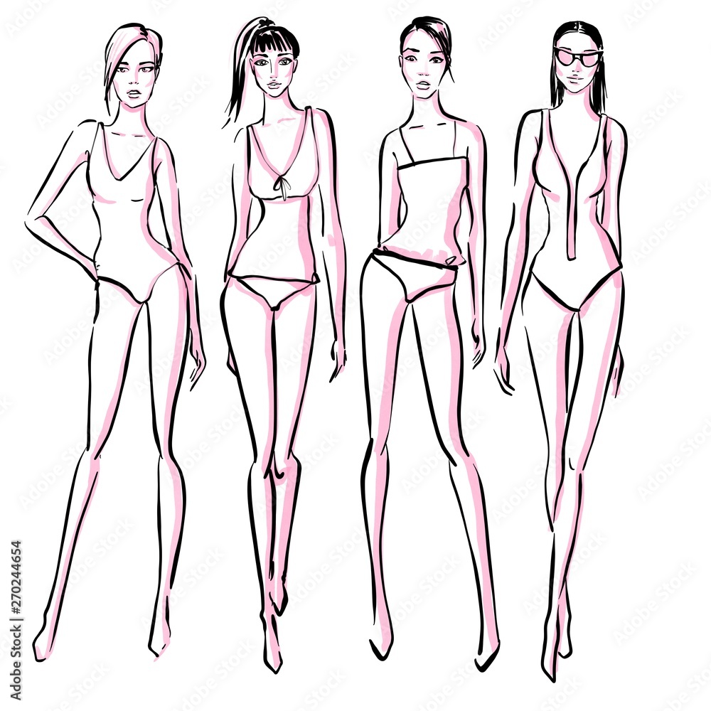 sexy woman in bikini swimsuit. summer beach fashion. Beautiful girls in bathing suits of different types. sketch sexy woman in bikini swimsuit. summer beach fashion. Beautiful girls in bathing suits of different types. sketch