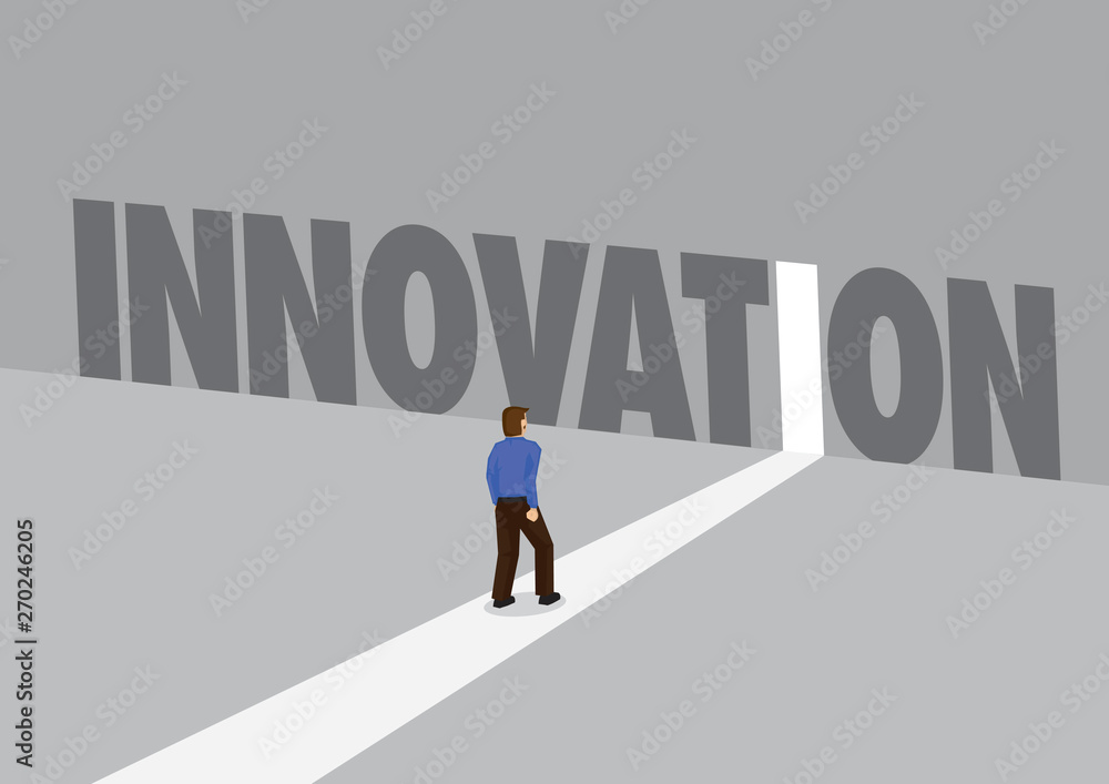 Businessman walking towards a light path with the text innovation. Business concept of business disruption, innovation or digital transformation. Vector illustration. Businessman walking towards a light path with the text innovation. Business concept of business disruption, innovation or digital transformation. Vector illustration.
