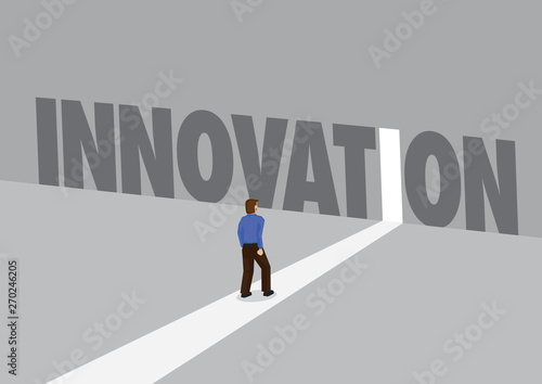Businessman walking towards a light path with the text innovation. Business concept of business disruption, innovation or digital transformation. Vector illustration.