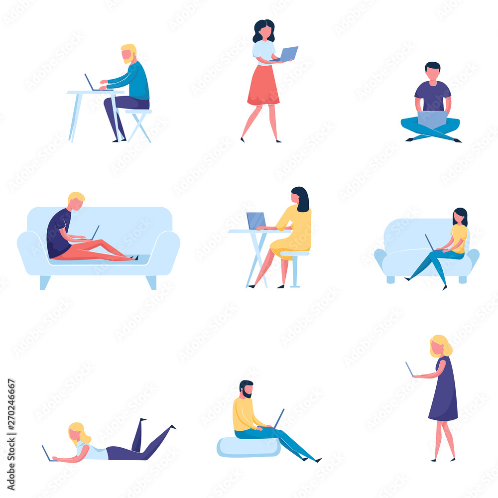 Set of different modern people working at laptop, computer Set of different modern people working at laptop, computer