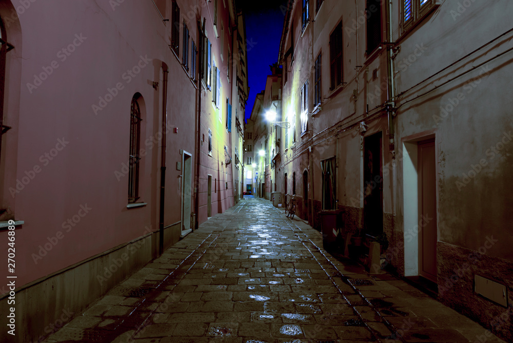 Narrow Street by Night in Sestri Levante in Liguria, Italy.