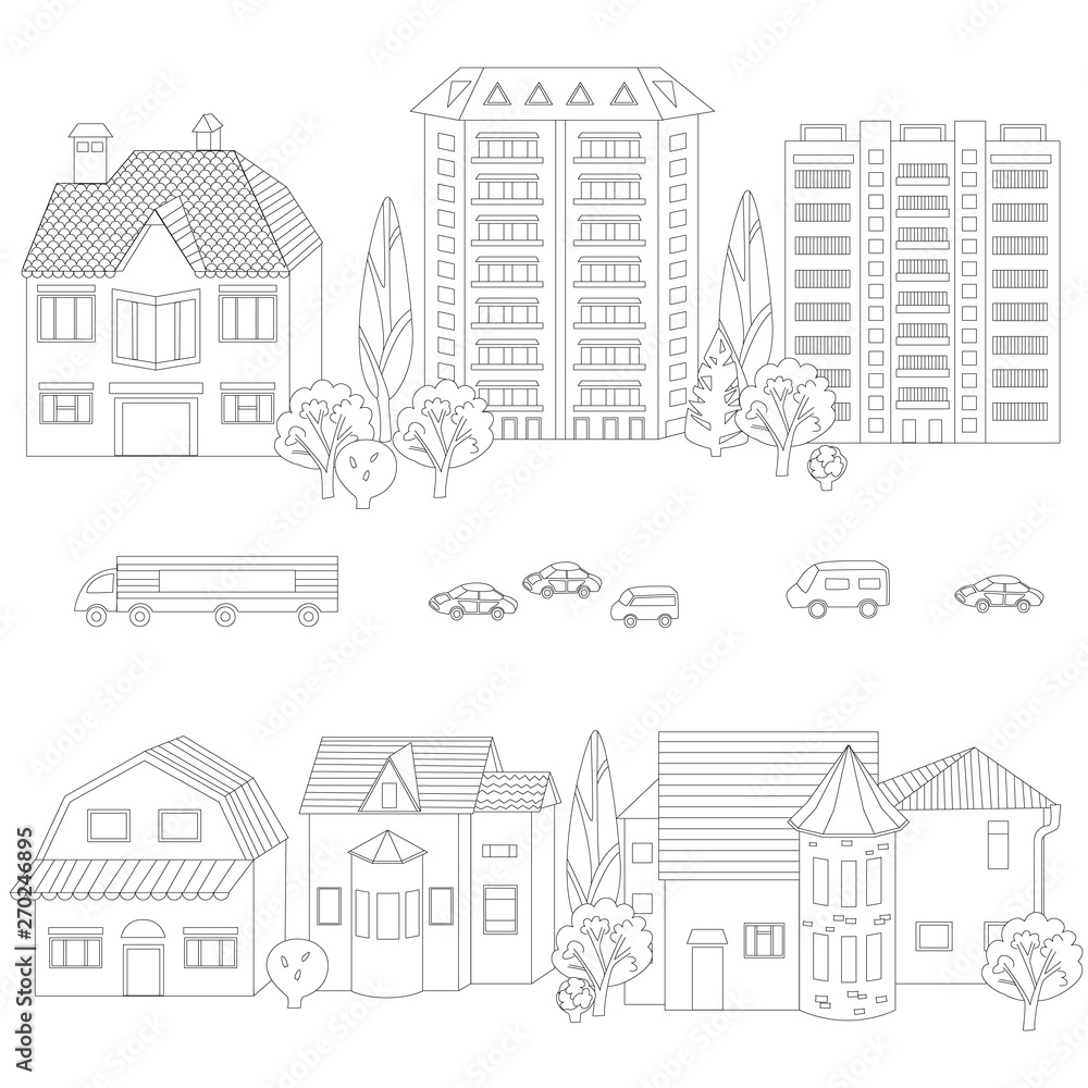 collection of cute houses and cars for your coloring book