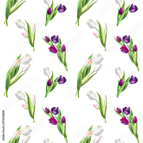 Seamless  pattern from black and white tulips. Floral collection. Marker drawing. Watercolor painting. Flower composition of design elements. Greeting card. Painted background. Hand drawn illustration