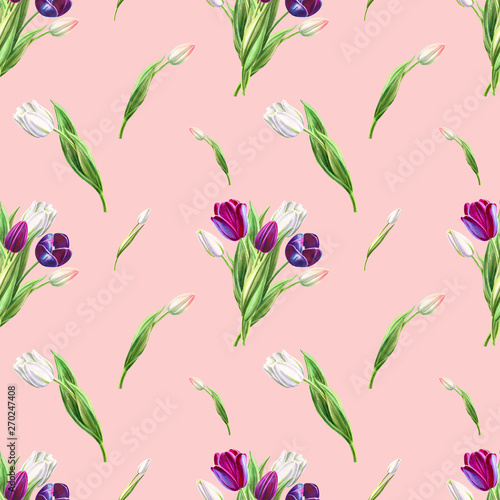 Seamless pattern from black and white tulips. Floral collection. Marker drawing. Watercolor painting. Flower composition of design elements. Greeting card. Painted background. Hand drawn illustration