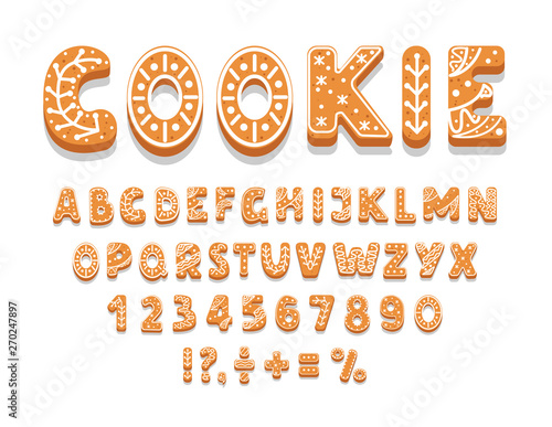 Set of gingerbread cookies alphabet, numbers, holiday treat, sweet pastries of different shapes, punctuation marks, vector illustration.